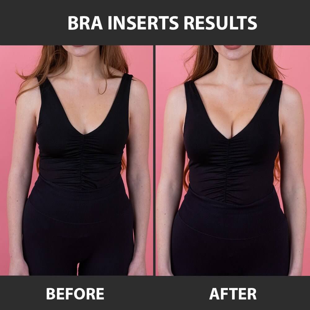 The model in the black dress shows the push-up effect of the inserts. The left picture displays the before, and the right picture shows the after.