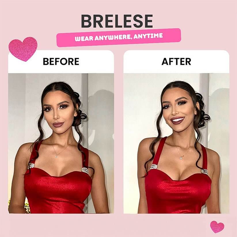 Model in a red dress wearing the sticky bra inserts, with the before effect on the left and the after result on the right.