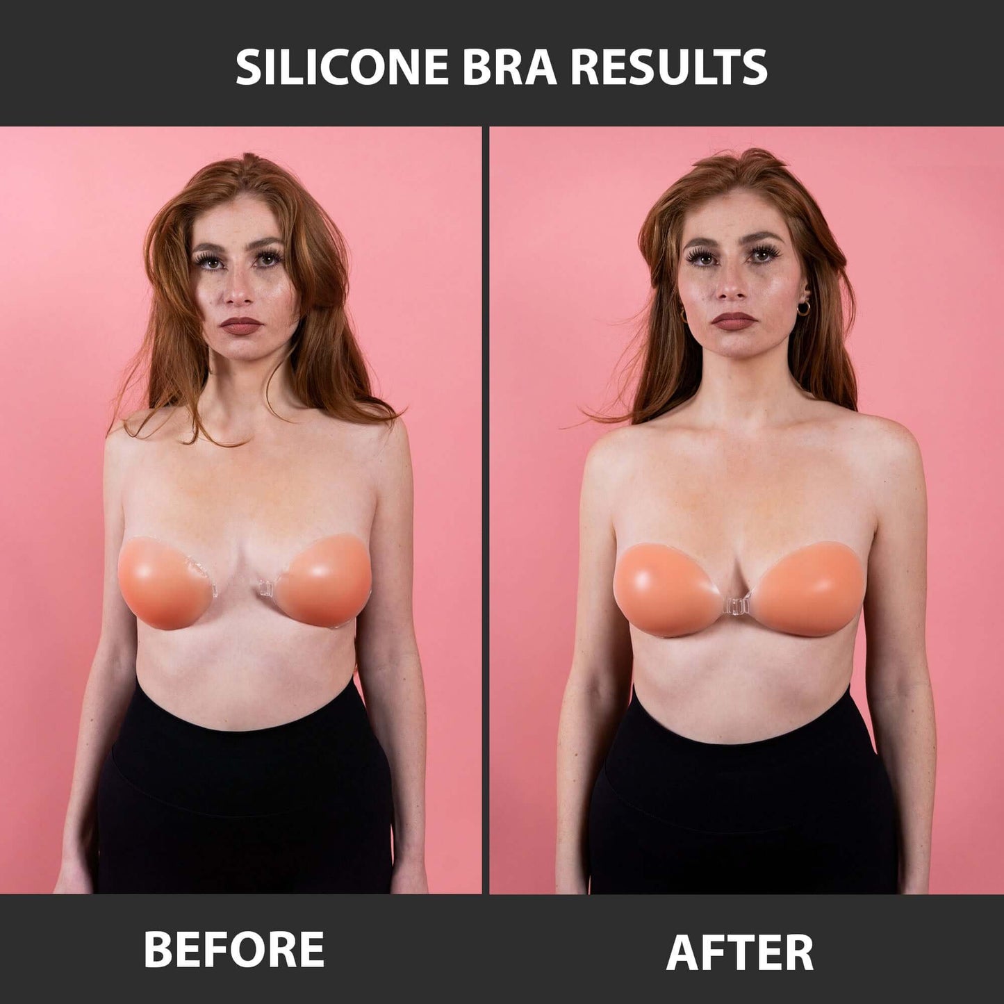 The effect of the silicone bra is illustrated in this before and after picture. The left picture shows the appearance before use, while the right picture displays the silicone bra clipped on.